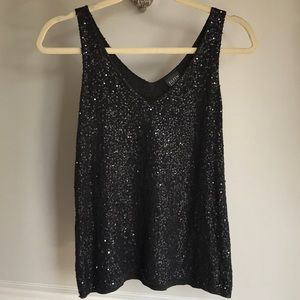 Eileen Fisher Black Silk V Neck Top w/ Sequins